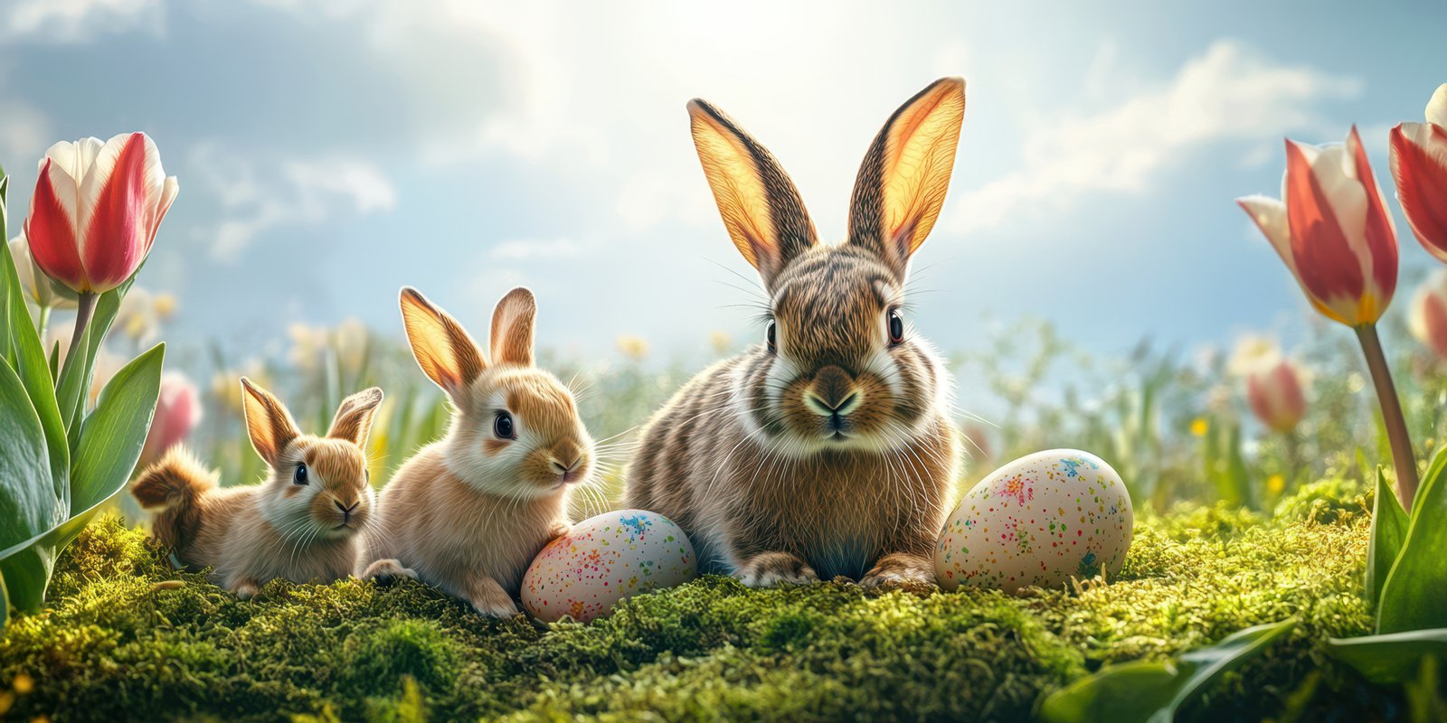 Rabbits enjoying a sunny day in a flower-filled meadow with colorful eggs